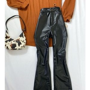 Black Faux Leather Split Wide Hem Pants